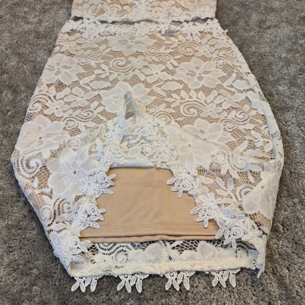 Windsor White Floral Lace Mini Dress Nude Lining Spaghetti Strap Size M 08841 - Picture 5 of 13